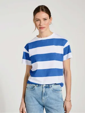 Beryl Regenerative Cotton Tee | Pure White & Azure Blue Stripe
