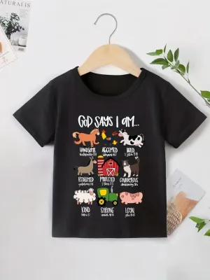 Christianartbag T-shirt, God Says I Am Cute Animals And Letter Print T-Shirt, Children's Printed T-Shirts, CABTK02190923.