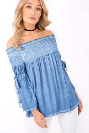 Denim Off Shoulder Tie Sleeve Top - Sammy