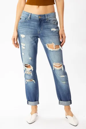 Distressed Mid Rise Boyfriend Jean