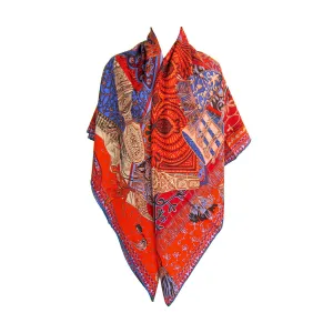 Hermes Cavaliers du Caucase Cashmere Silk GM Shawl Scarf Vibrant Orange Classic