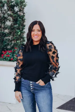 Monarch Garden Sheer Sleeve Top - Black