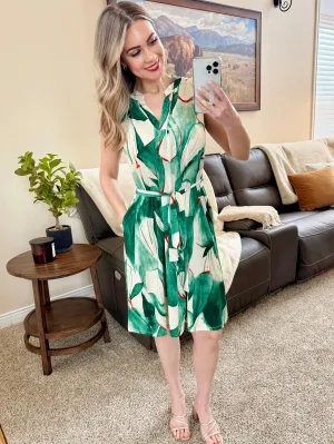 Sleeveless Dress with Tie Waist in Green Florals