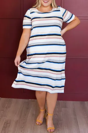 Striped Print Splits Short Sleeve Plus Size Midi Dress