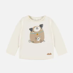 T-shirt à manches longues crème avec un chien illustré en jersey, naissance || Cream long sleeves t-shirt with dog print in jersey, newborn