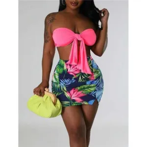 Women's Two-Piece Set Includes Pink Wrap Crop Top And Tropical Print Mini Skirt
